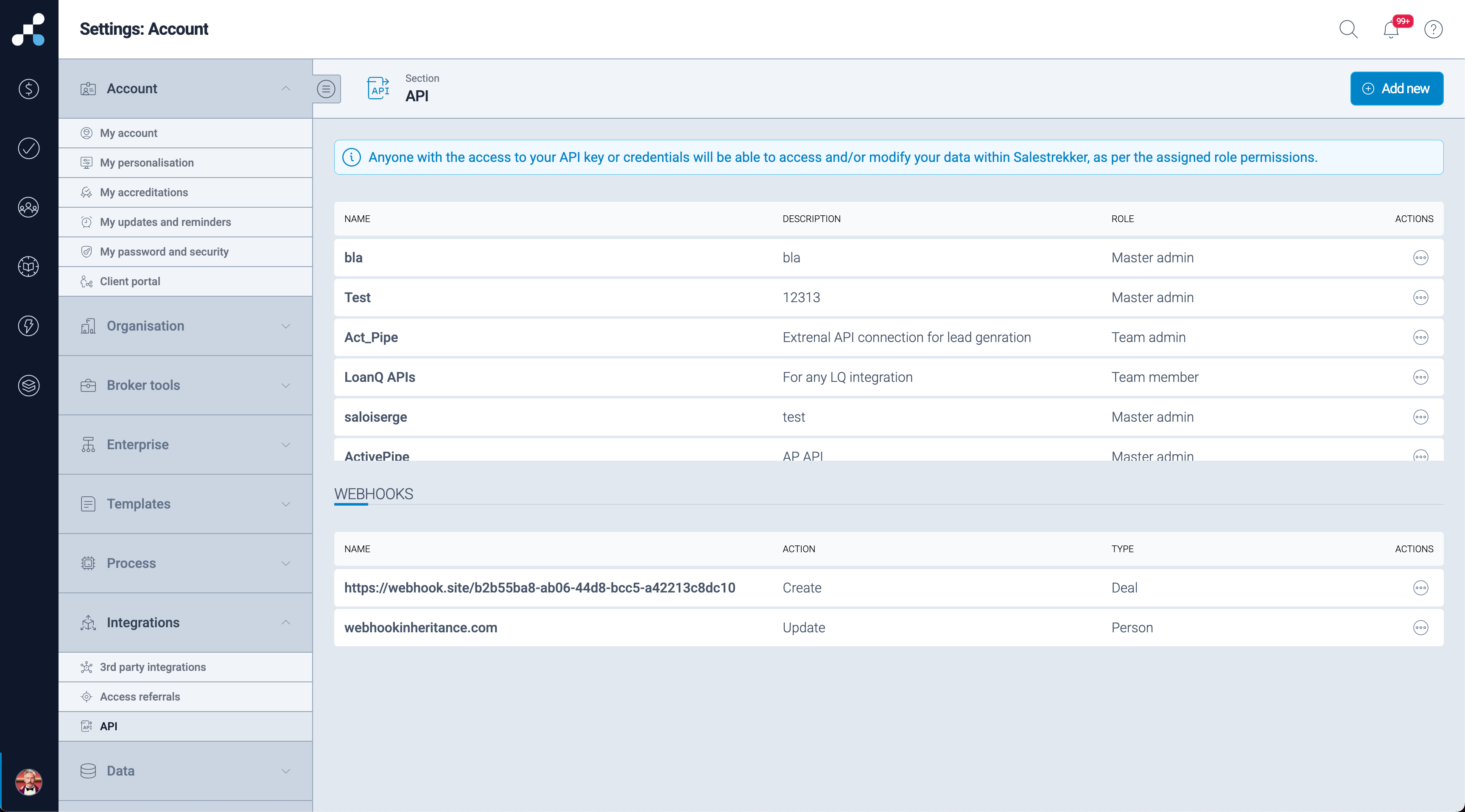 This screen shows the API environment for Salestrekker CRM Salestrekker CRM API enviroment